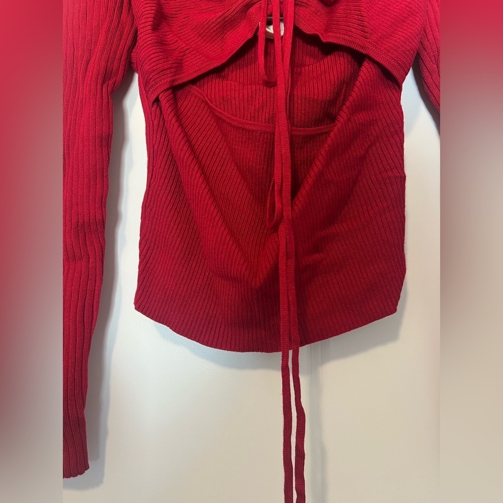 Anthropologie Maeve Bow Front Cutout Ribbed Top Red Long Sleeve - Picture 4 of 8